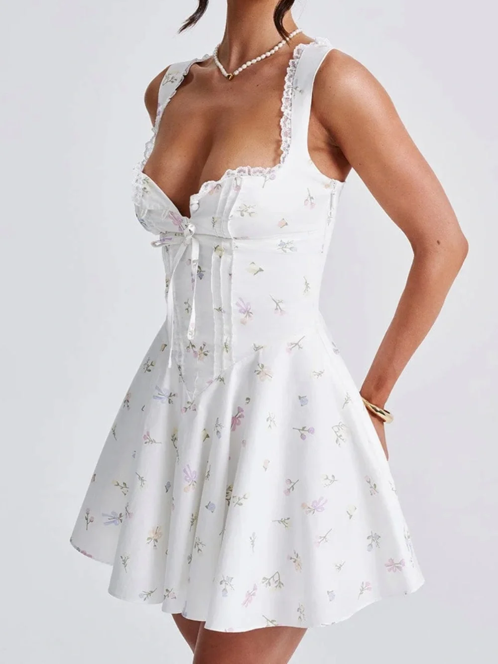 White Floral Lace-Trim Mini Dress - Picture 3 of 5